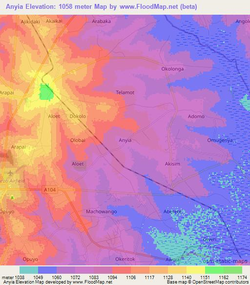 Anyia,Uganda Elevation Map