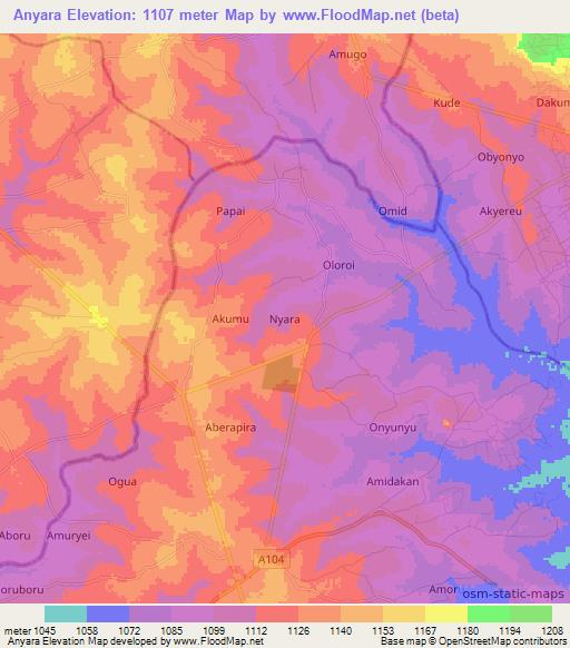 Anyara,Uganda Elevation Map