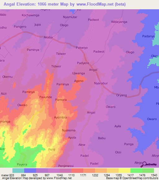 Angal,Uganda Elevation Map