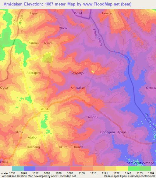 Amidakan,Uganda Elevation Map