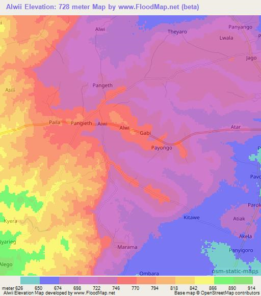 Alwii,Uganda Elevation Map