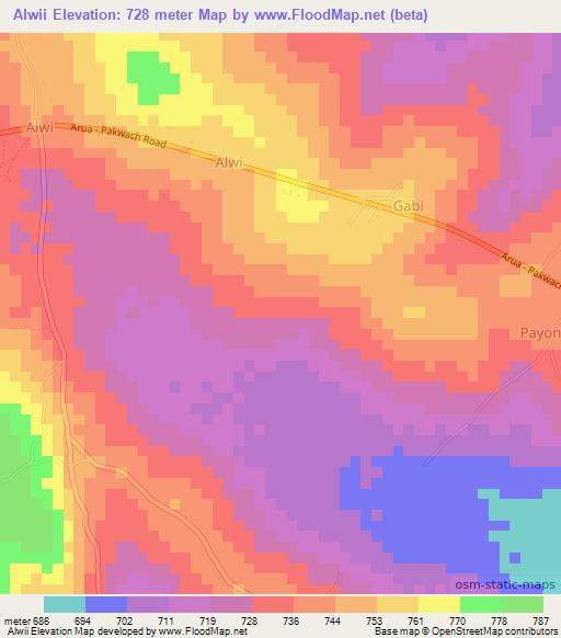 Alwii,Uganda Elevation Map