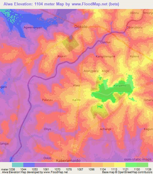 Alwa,Uganda Elevation Map