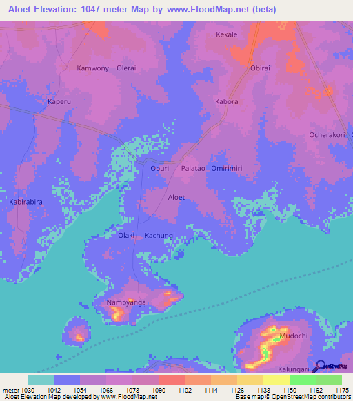 Aloet,Uganda Elevation Map