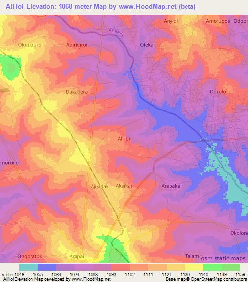 Alilioi,Uganda Elevation Map