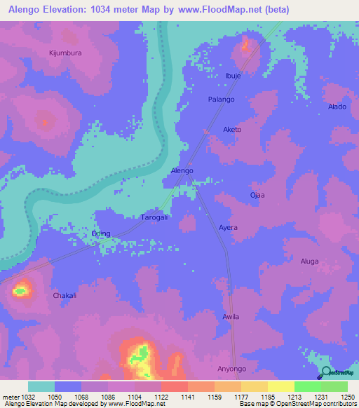 Alengo,Uganda Elevation Map