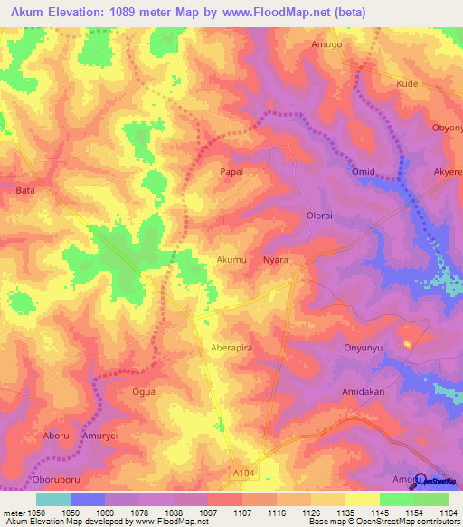 Akum,Uganda Elevation Map