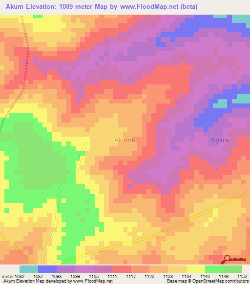 Akum,Uganda Elevation Map