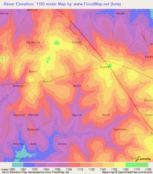 Akum,Uganda Elevation Map
