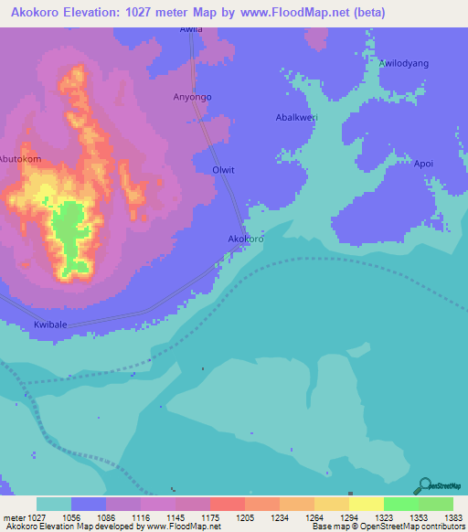Akokoro,Uganda Elevation Map