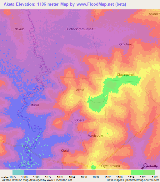Aketa,Uganda Elevation Map