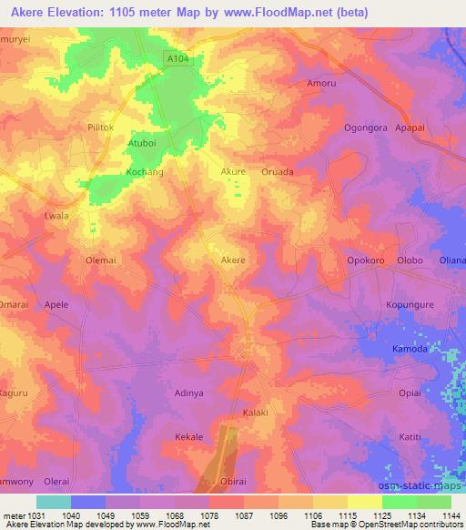 Akere,Uganda Elevation Map