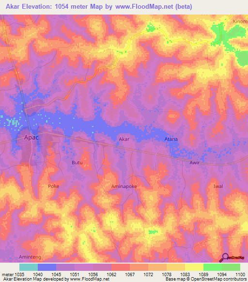Akar,Uganda Elevation Map