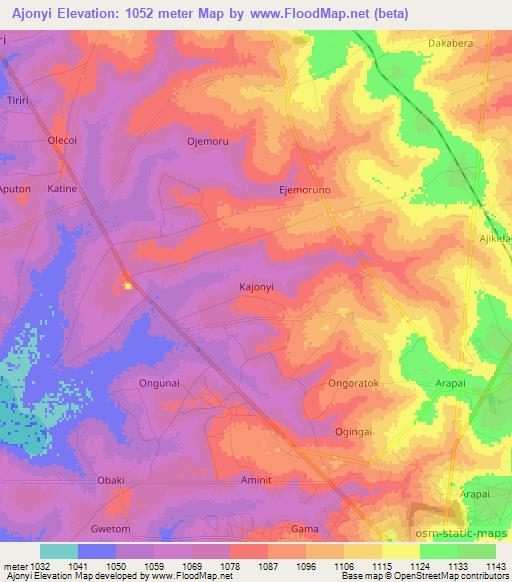 Ajonyi,Uganda Elevation Map