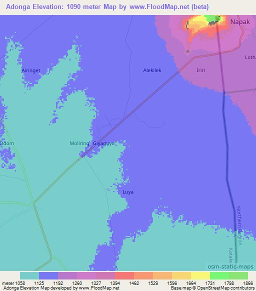 Adonga,Uganda Elevation Map