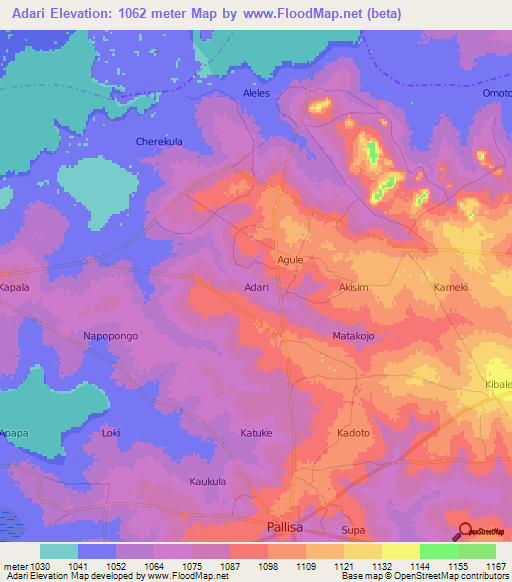 Adari,Uganda Elevation Map