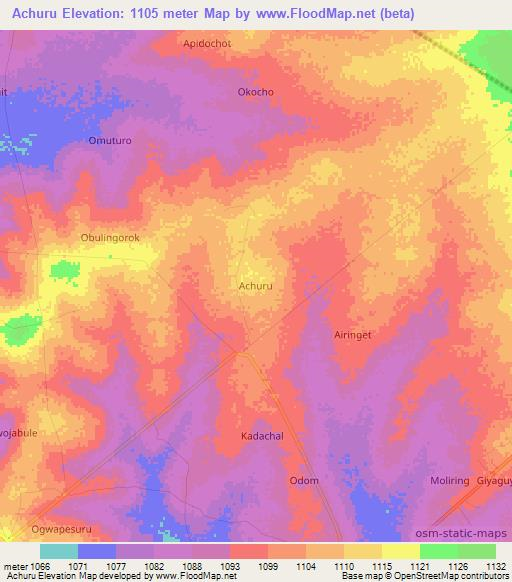 Achuru,Uganda Elevation Map