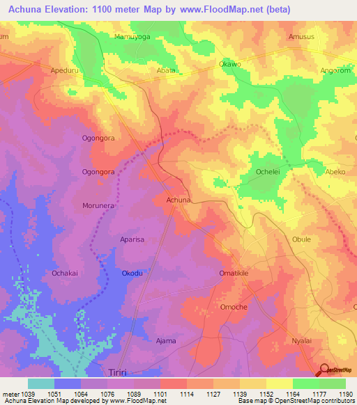 Achuna,Uganda Elevation Map