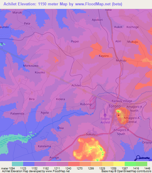Achilet,Uganda Elevation Map