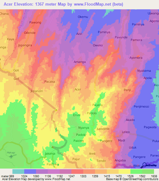 Acer,Uganda Elevation Map