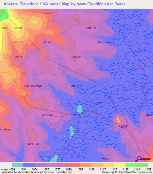 Aberete,Uganda Elevation Map