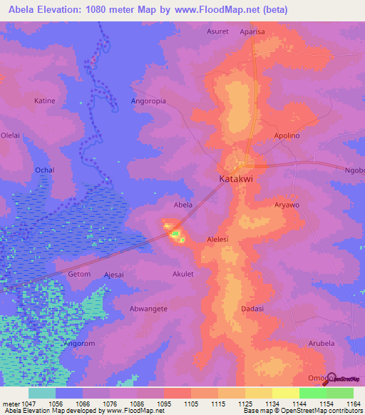 Abela,Uganda Elevation Map