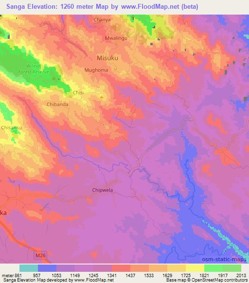 Sanga,Malawi Elevation Map