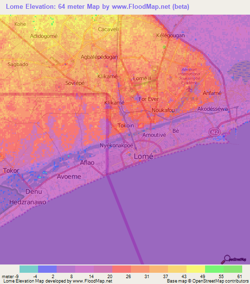 Lome,Togo Elevation Map