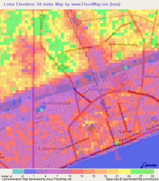 Lome,Togo Elevation Map
