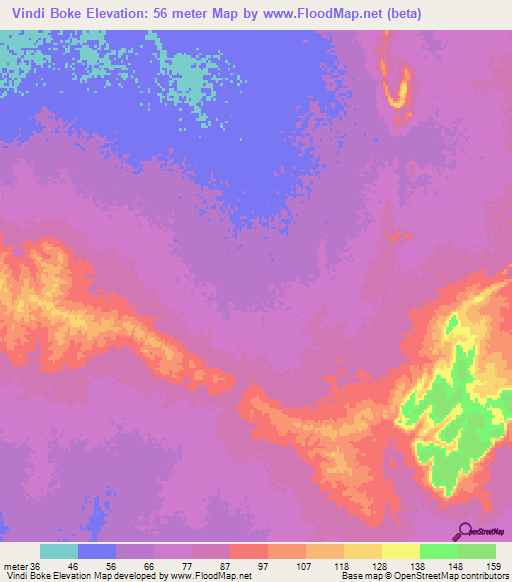Vindi Boke,Mauritania Elevation Map