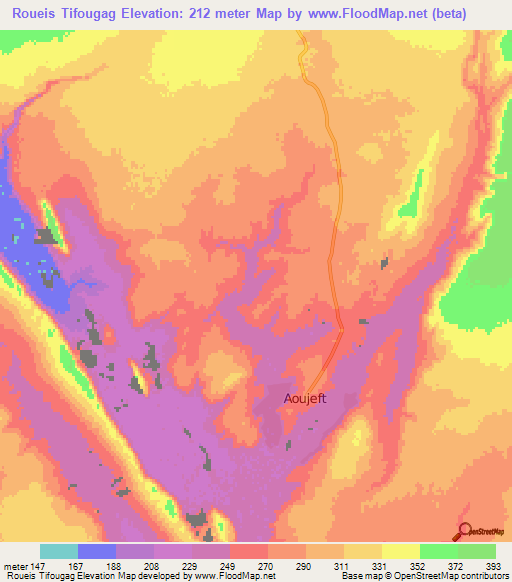 Roueis Tifougag,Mauritania Elevation Map
