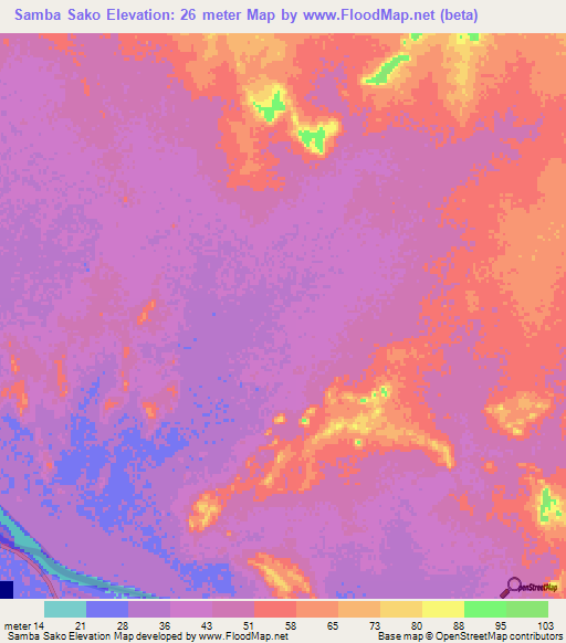 Samba Sako,Mauritania Elevation Map