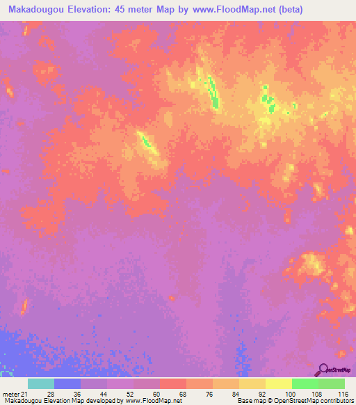 Makadougou,Mauritania Elevation Map
