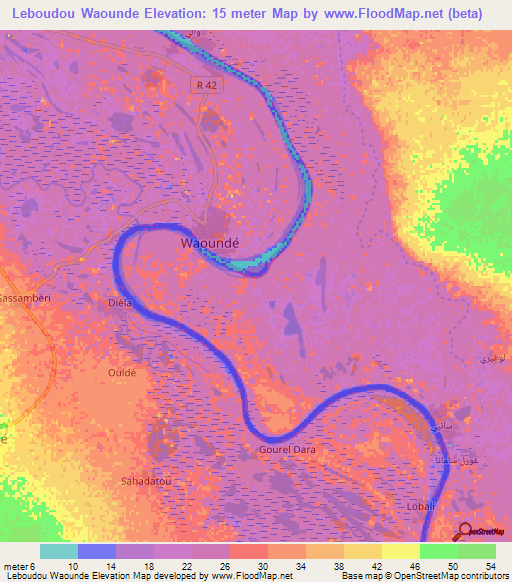 Leboudou Waounde,Mauritania Elevation Map