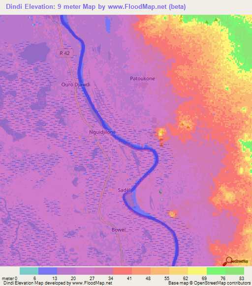 Dindi,Mauritania Elevation Map