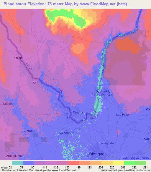 Binndiamou,Mauritania Elevation Map