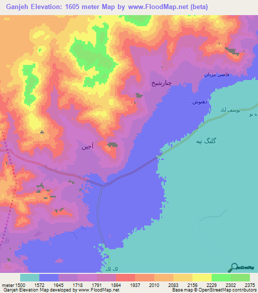 Ganjeh,Iran Elevation Map