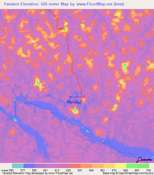Yanebot,Gabon Elevation Map