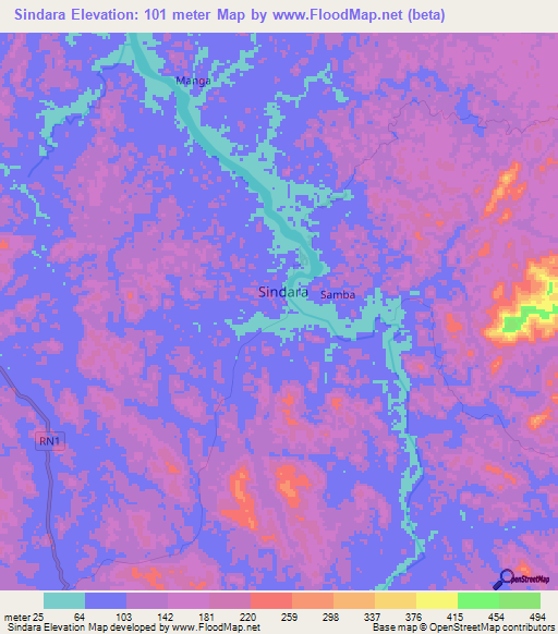 Sindara,Gabon Elevation Map