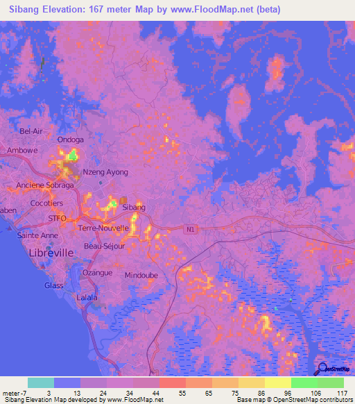 Sibang,Gabon Elevation Map