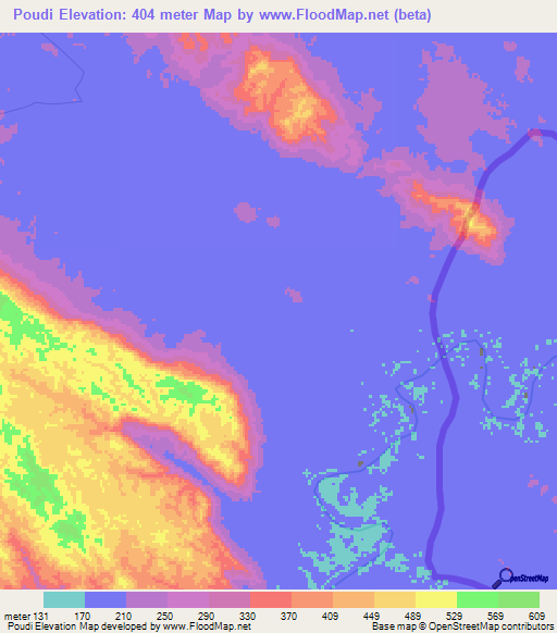 Poudi,Gabon Elevation Map