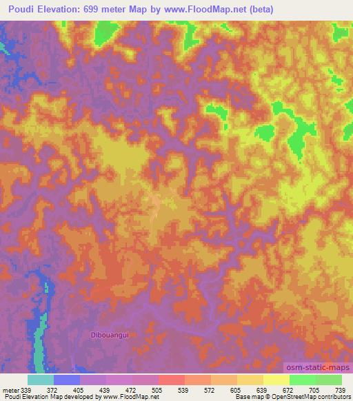 Poudi,Gabon Elevation Map