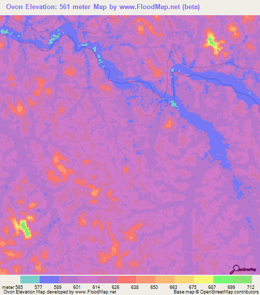 Ovon,Gabon Elevation Map