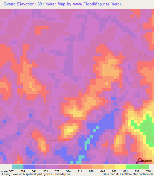 Oveng,Gabon Elevation Map