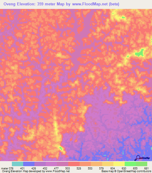 Oveng,Gabon Elevation Map