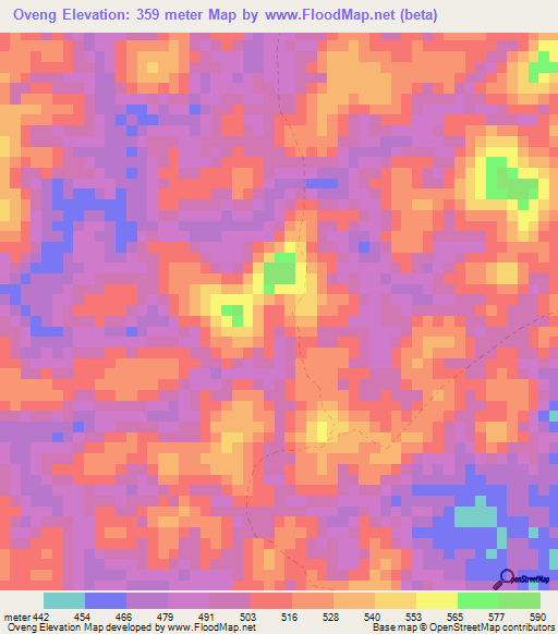 Oveng,Gabon Elevation Map