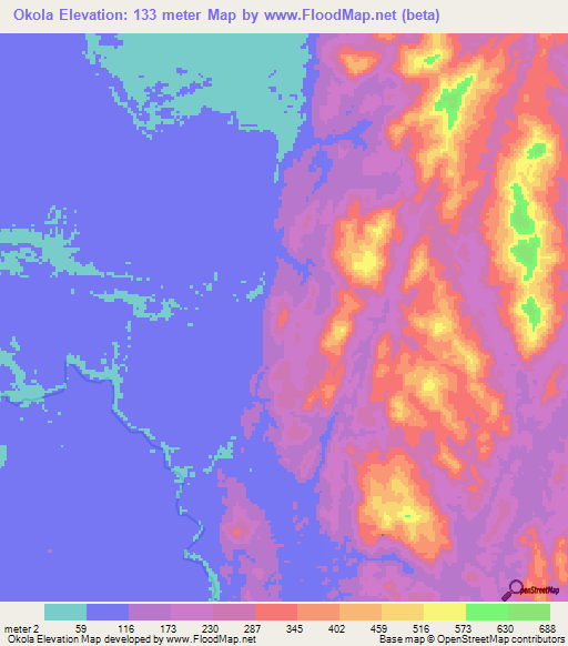 Okola,Gabon Elevation Map