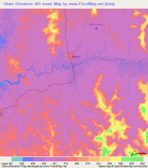 Obwo,Gabon Elevation Map