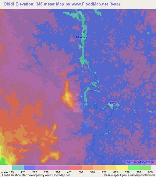 Obidi,Gabon Elevation Map