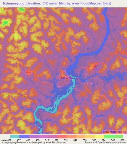 Nzingmeyong,Gabon Elevation Map